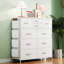Tall Chest Of Drawers Bedroom, 10 Fabric Drawers Dresser With Side Pockets And Hooks, Wooden Top And Metal Frame, Storage Drawers For Closet, Living Room, Kids Room (Wood Grain)-1987667588