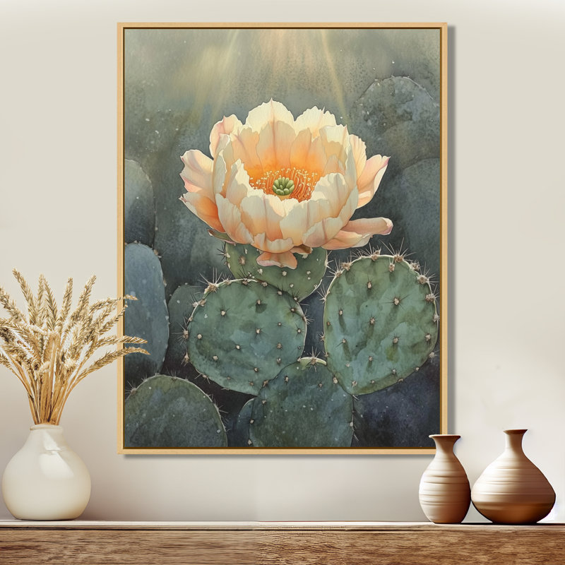 Art mural fleur de cactus, toile de fleurs du désert, Hajeb, H 44 po x l 34 po, Cadre naturel flottant