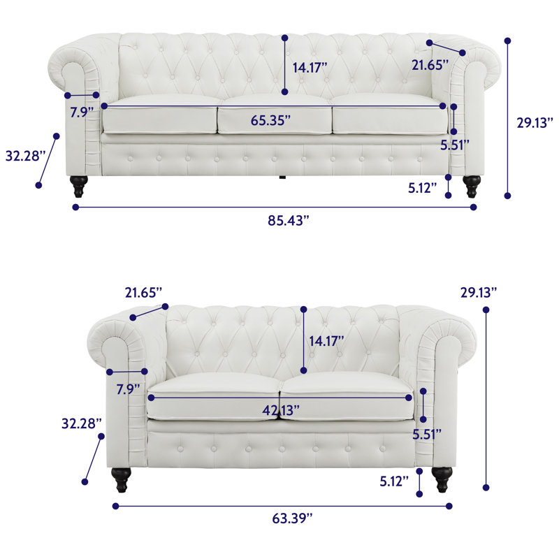 Arlisa 2 Piece Living Room Set Air Leather Chesterfield Button Tufted Couch Set with Loveseat and Sofa, White Faux Leather