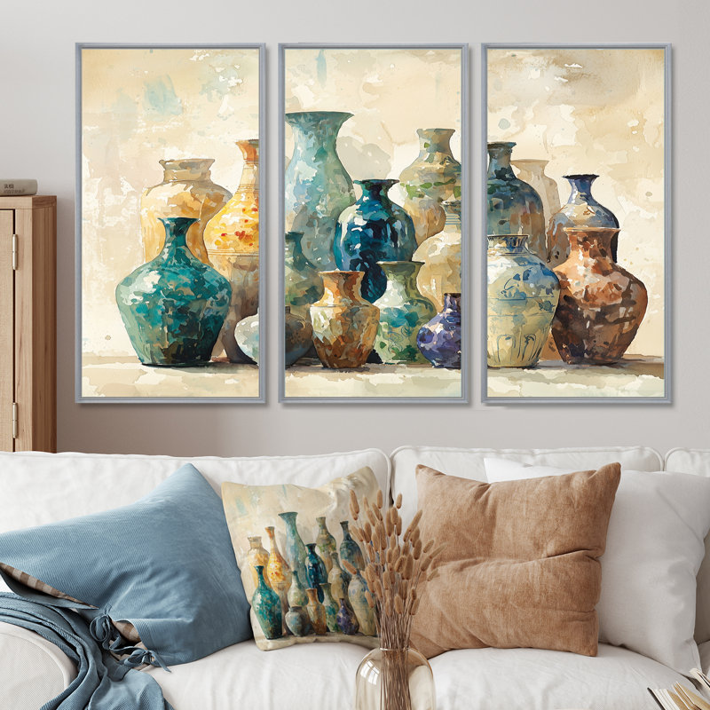 Ensemble de salon vases bleus en motif I - Boho Pottery, H 28 po x l 36 po x P 1 po, Toile argentée avec cadre flottant