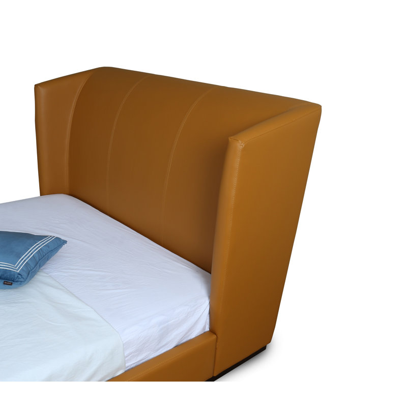 Lenyx Vegan Leather Upholstered Low Profile Platform Bed in Saddle Brown, Queen, Saddle