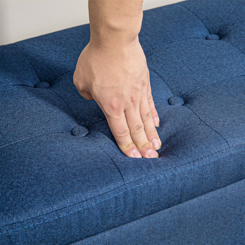 Banc de rangement rembourré en lin avec dessus relevable et boutons capitonnés pour le salon HOMcom, Bleu