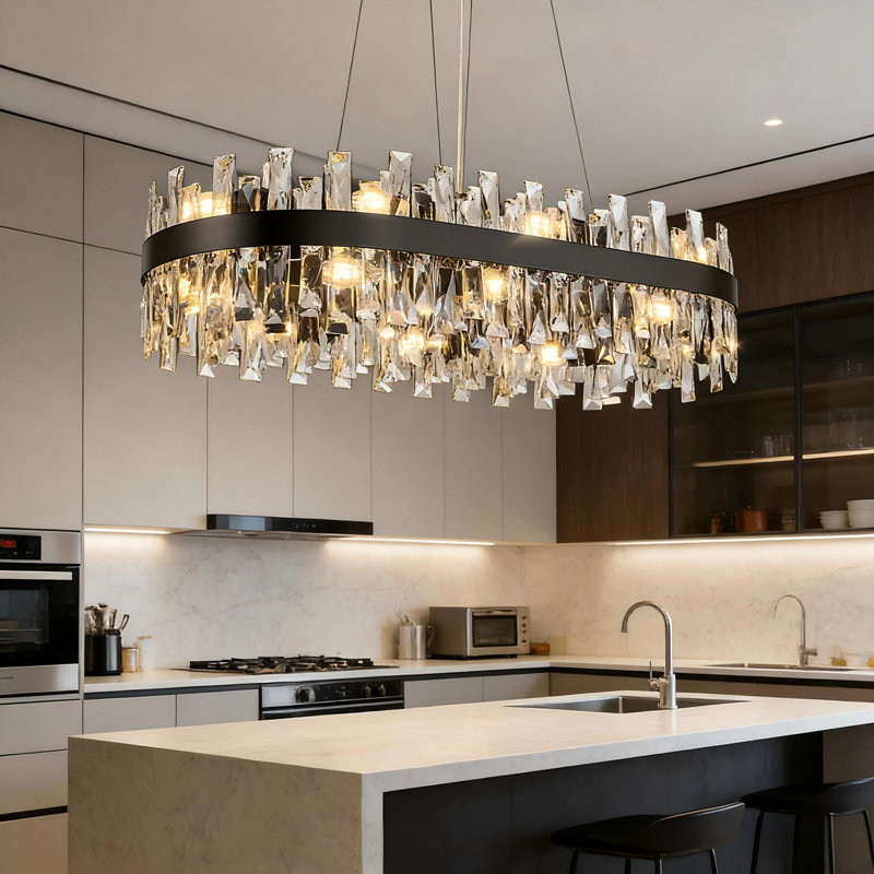12 - Light 35.43'' Dimmable Rectangle K9 Crystal Chandelier Modern Ceiling Light, black, 35.43