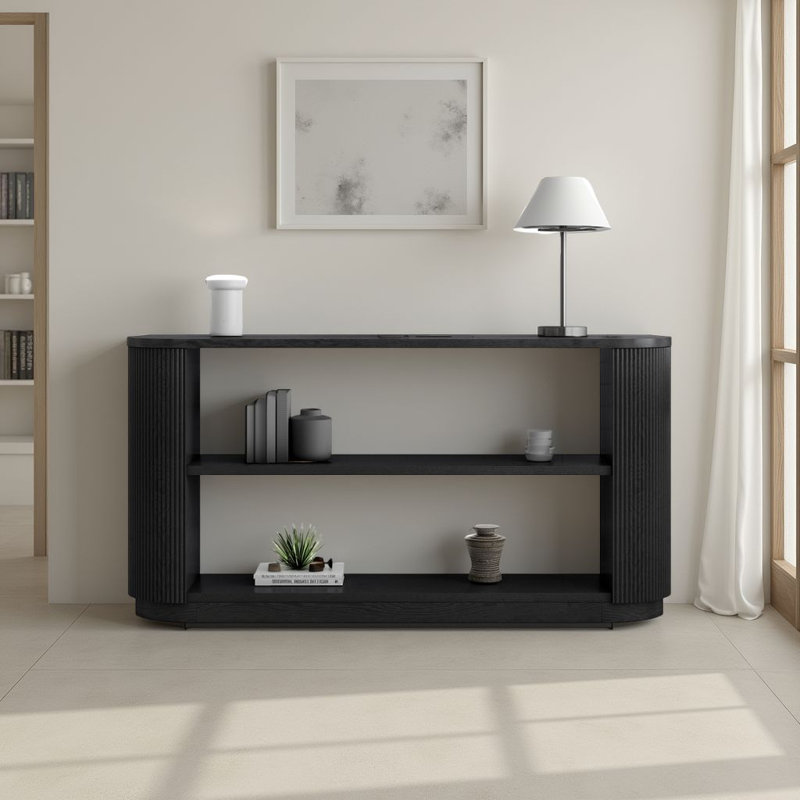 Modern 59" Console Table - Slim Sofa Table with Triple Open Shelves - Curved Fluted Design, Black