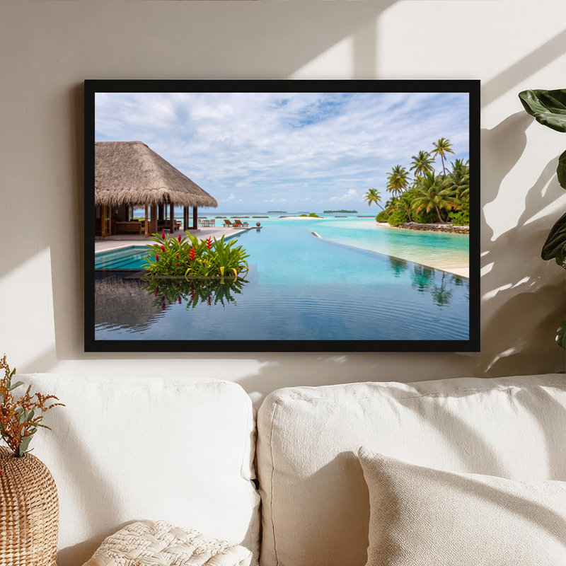 Toile de chaume, cabane sur une piscine à débordement et palmiers, art mural sur toile, 20"H x 30"W