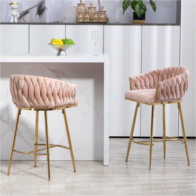 Ensemble de 2 tabourets de bar 26 po à hauteur de comptoir avec dossier ondulé à la main, base chromée dorée et repose-pieds 26 po