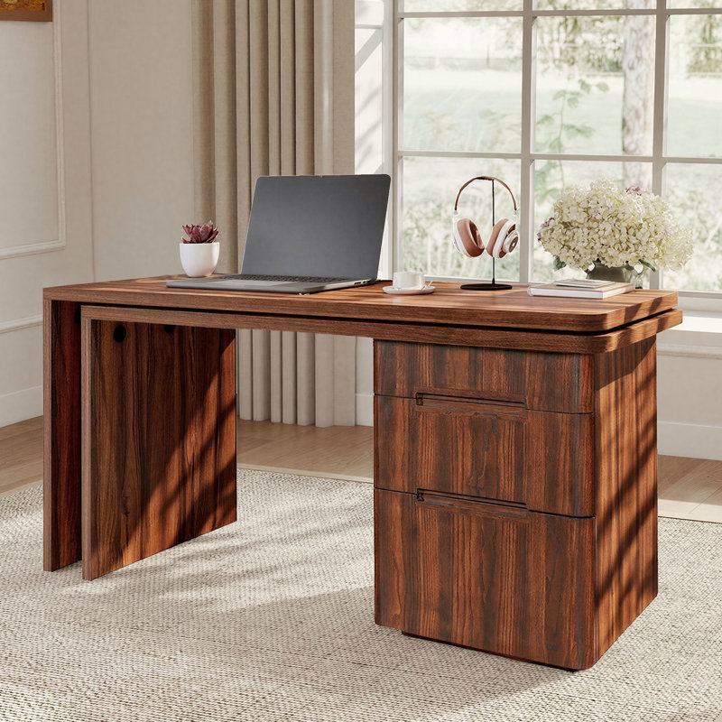 Bureau rotatif en L 90 po avec 3 tiroirs - finition noyer, Noyer