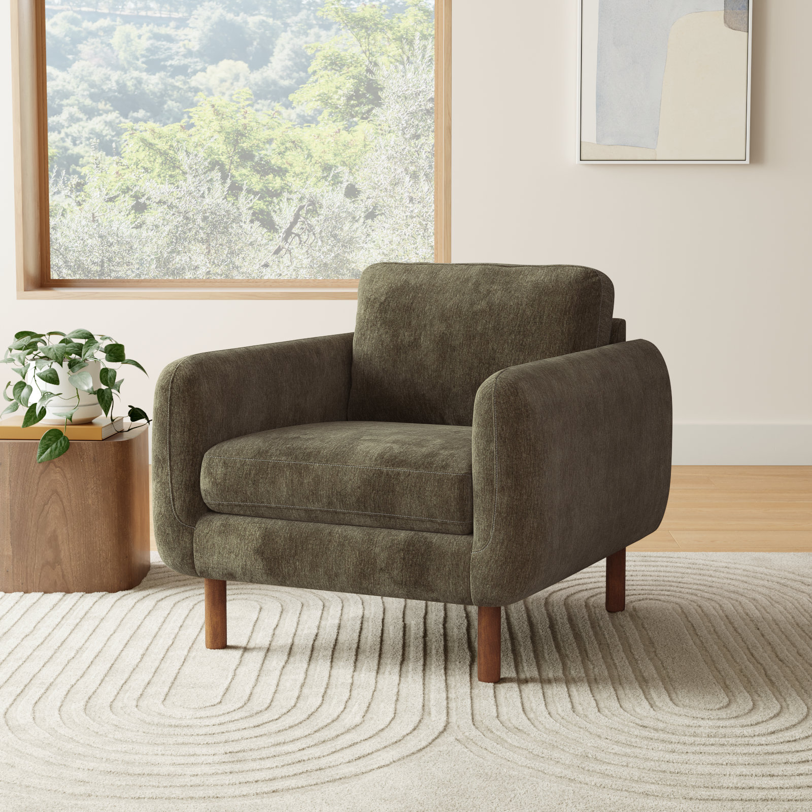 Leno Oak Armchair, Olive Green Performance Chenille