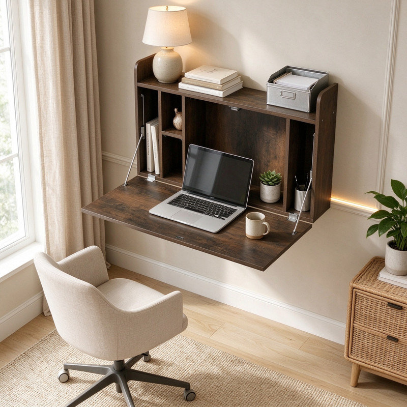 Space Saving Fold Down Wall Desk, Dark Brown Floating Laptop Table for Study & Living Room