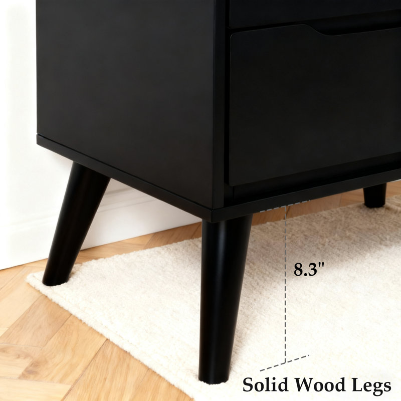 Modern Solid Wood Nightstand With 2 Drawers，Fully Assembled, Black