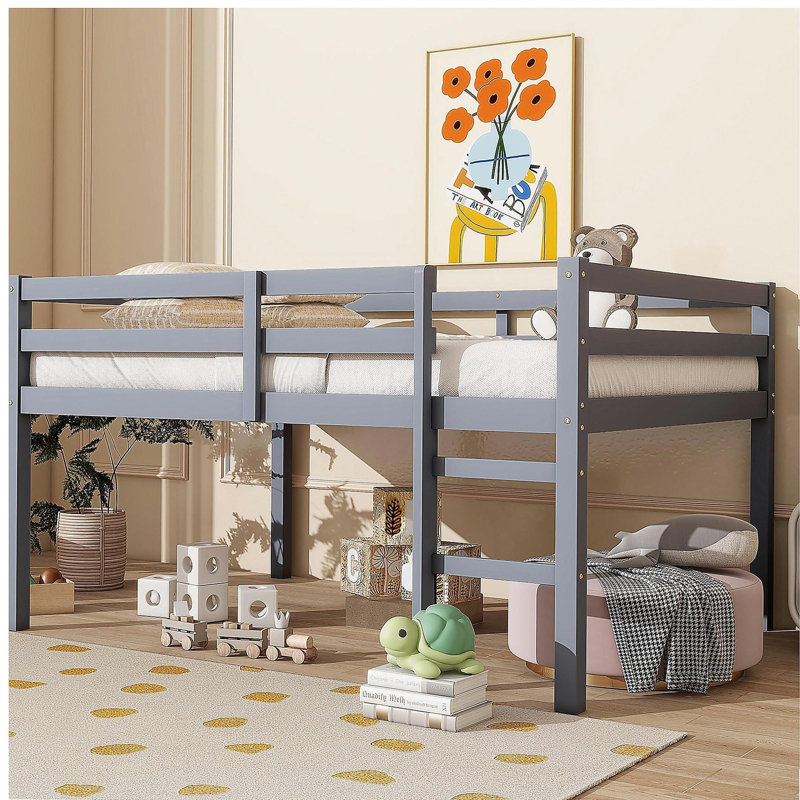 Lit mezzanine double en bois d'hévéa avec échelle, gris, Gray
