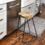 Tabouret de bar à hauteur de comptoir 30 pouces fabriqué à la main sans dossier, siège de selle en bois de manguier brun naturel, base en fer noir