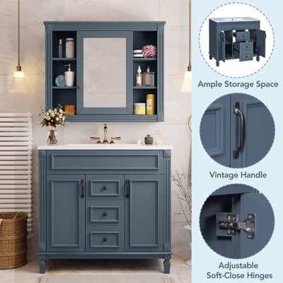 Meuble-lavabo de salle de bain avec lavabo supérieur, armoire à miroir Royal, armoire de rangement moderne avec 2 portes à fermeture douce et 2 tiroirs, meuble-lavabo simple