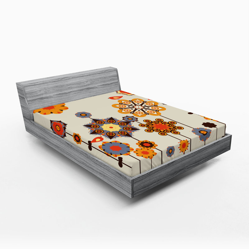 Drap-housse orange Ambesonne, Drap-housse de taille double, Beige / orange / bleu / floral gris