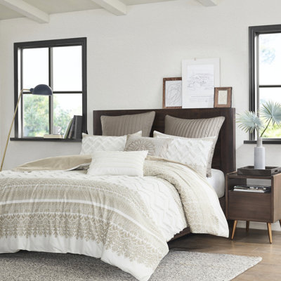 Housse de couette en coton très grand / très grand - chenille, motif, dos taupe, boutonné, lavable à la machine 3 pièces avec capitonnage, imprimé, boutonné