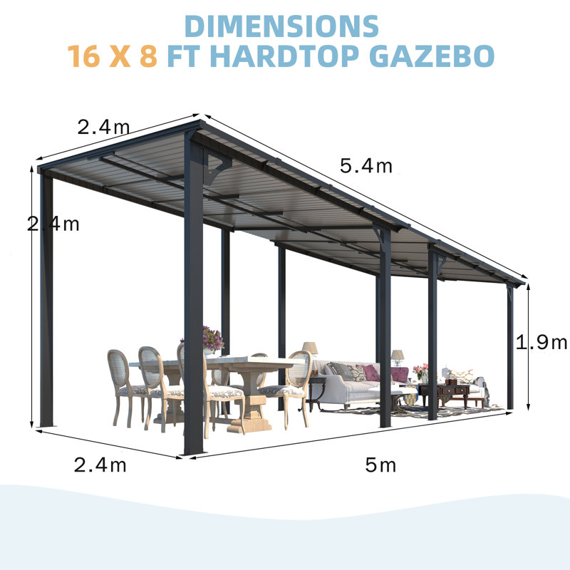 Wall-Mounted Large Lean To Metal Awnings For Patio, 240cm H x 540cm W x 240cm D
