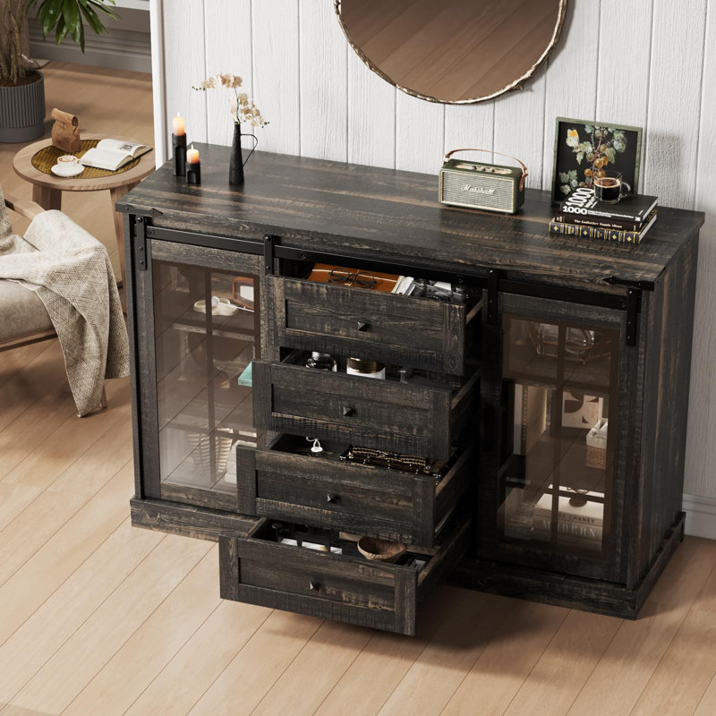 Commodes et commodes en verre avec lumière Geremy, Chêne rustique foncé