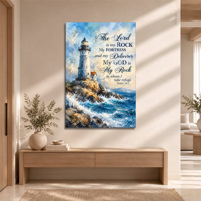Christian Lighthouse Ocean Scene with Scripture Wrapped Canvas Art