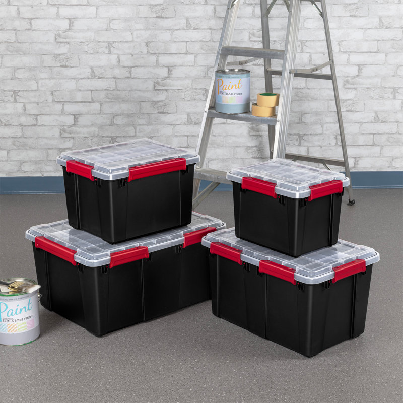 Sterilite 5 Gal Gasket Box, Stackable Storage Container with Lid, Black, 6 Pack