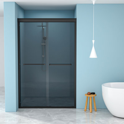76" Double Sliding Shower Door, 8Mm Tempered Grey Glass, Matte Black Frame, Reversible Door Opening, Water-Repellent Screen, Streak- Wipe 48" Glass With Reinforced Corners And Features, Water-, No