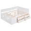 Lit de jour blanc avec tiroirs et trois tablettes utiles, structure en bois massif pleine grandeur pour un espace de rangement pratique dans la chambre à coucher-651983753-651983750