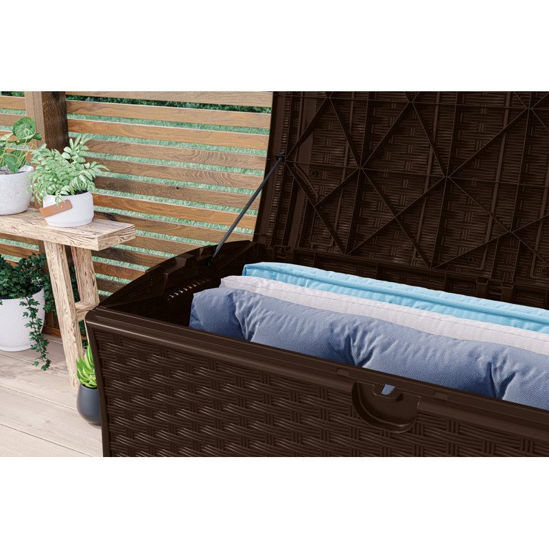 Boîte de rangement en osier de résine pour rangement extérieur de 47,5 po x P 23,5 po Suncast, fabriquée aux États-Unis