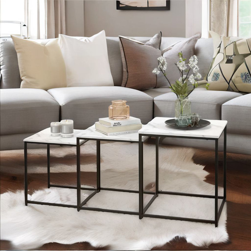 Anashe 3PC Square Nesting Tables Marble Effect