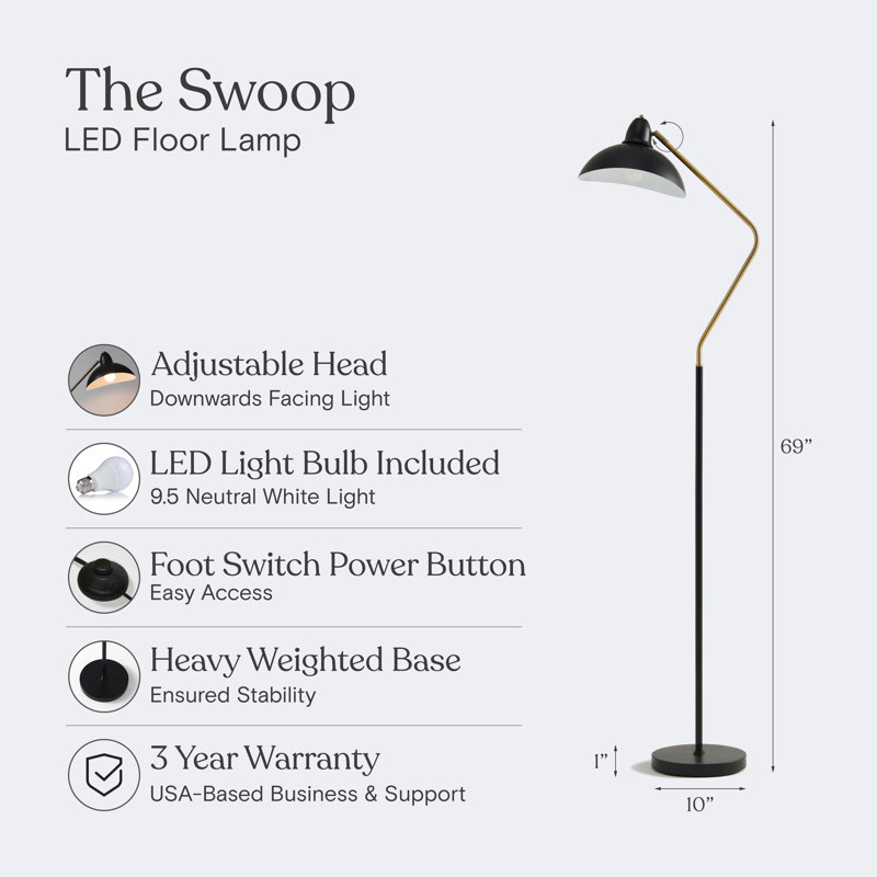 Swoop 69 in. Modern LED Adjustable Floor Lamp with Black Metal Bowl Shade and Gold Accent, Bulb Included