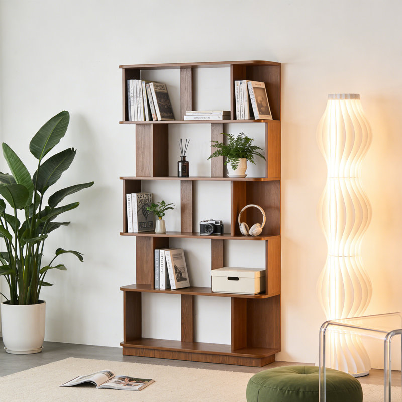 5-Tier Storage Geometric Bookcase,Open Shelf Simple Compartment Display Bookshelf Stand, Oak
