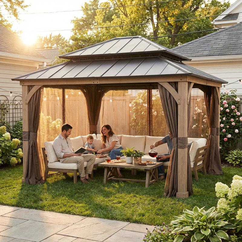 SUNJOY 11 x 13 ft. Wood Hardtop Gazebo with Customizable Nettings and Curtains, Pavilion Double Galvanized Steel Roof, for Ultimate Outdoor Enjoyment, Built-in Gutter for All-Season Comfort