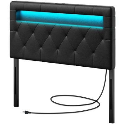 Upholstered Headboard with DIY Color LED Light, USB, Type-C Port, Adjustable