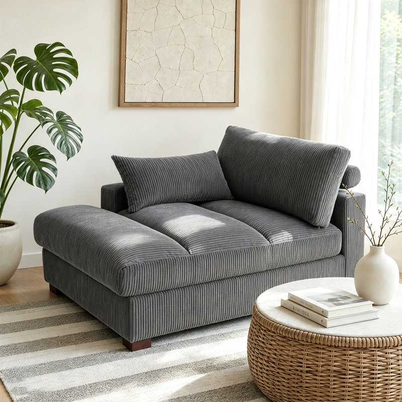 Chaise longue surdimensionnée en velours côtelé gris avec accoudoirs et coussins décoratifs Bentura, Velours côtelé gris