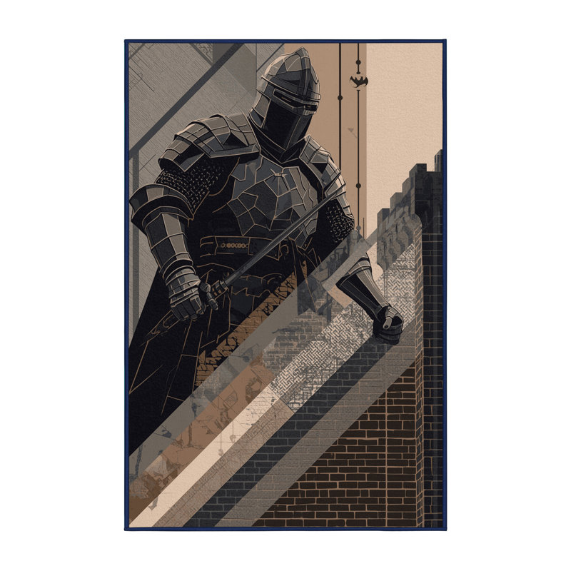 Soft Plush Arce Castle Siege Warrior Industrial Brick Area Rug in Purple – Navy Binding, 2x5