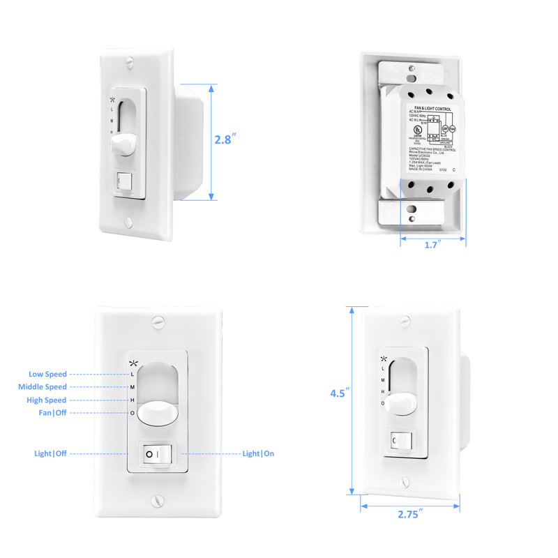 3-Speed Slide AC Ceiling Fan Wall Switch, Light On/Off Rocker Switch