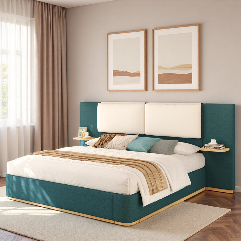 Lit plateforme tapissier avec tablettes, Vert/blanc, Très grand lit