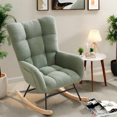 Teddy Upholstered Nursery Rocking Chair with High Back, Side Pocket and Smooth Sled Base for Living Rooms