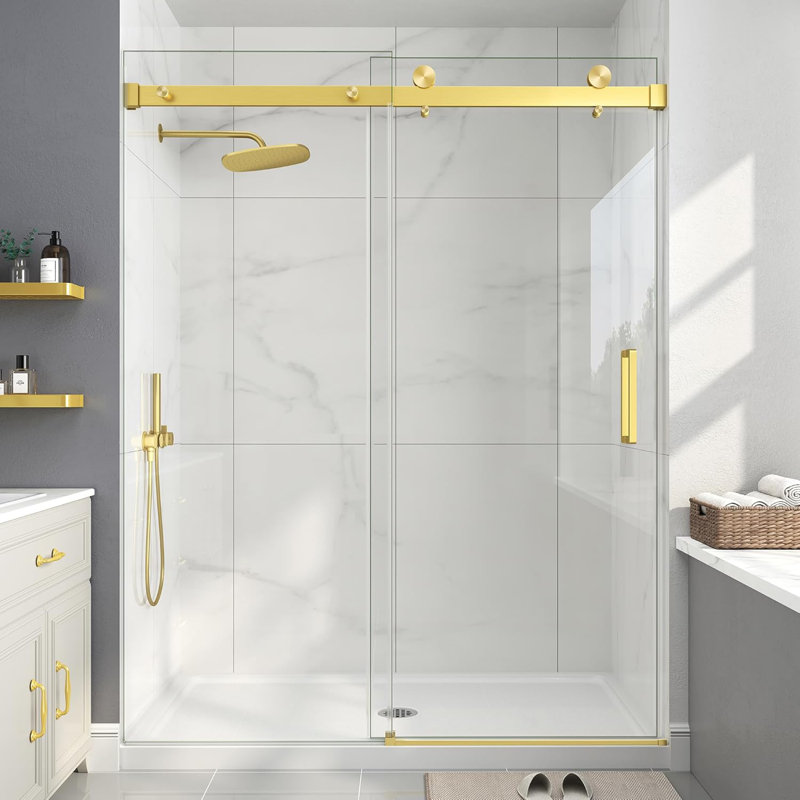 43"-48" W x 76" H Single Sliding Frameless Shower Door in Brushed Gold with 1/4" (6mm) Clear Tempered Glass, Brushed Gold