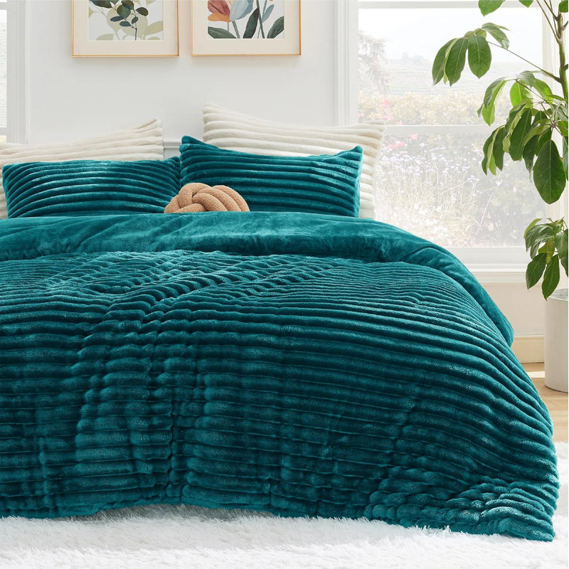 Bedsure Full Size Comforter Sets - 3-Piece Double-Sided Fleece Fluffy Grey Bedding, Cozy Striped Aesthetic for Modern & Guest Bedrooms, All-Season Luxury Home Decor