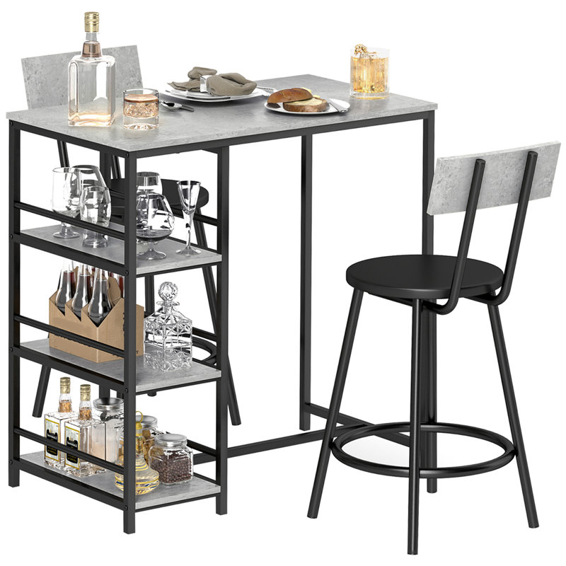 Sumeka 3 Piece Breakfast Bar Table Set with Storage Shelves, Light Grey