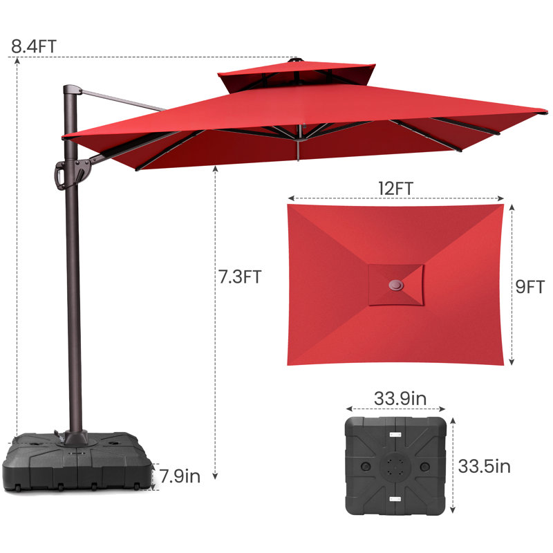 Parasol en porte-à-faux de patio 9 x 12 pi avec base lestée, Rouge