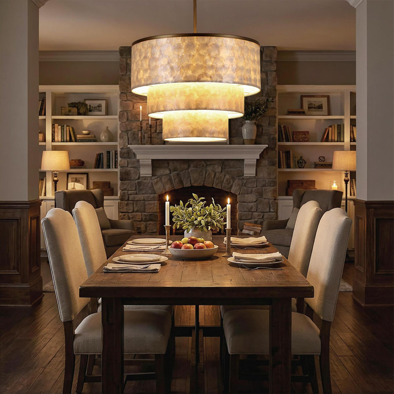 22" 5-Light Tiered Capiz Shell Drum Chandelier, H 16 po x l 22 po x P 22 po, 2 niveaux, Antique Gold