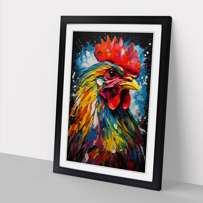 Rooster Action Painting No.2 - Single Picture Frame Print on Wood, 64cm H x 46cm W x 2cm D, Black