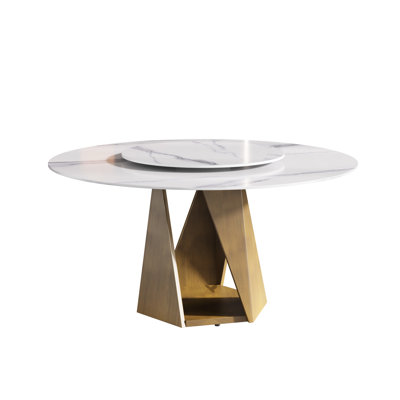 Table de salle à manger ronde moderne de 53 po avec base en fer bronze et plateau en pierre blanche pour 6 bases frittées, disque rotatif de 23,62 po, gens, décoloration
