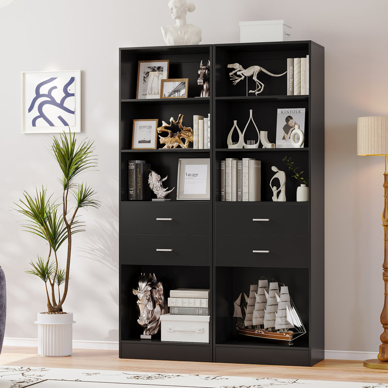79" Bookcase With Drawers And Adjustable Shelves (Set of 2), Black