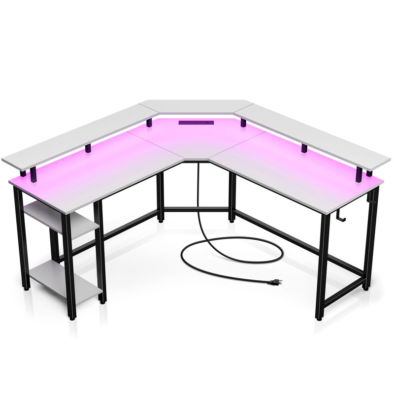 Lameen L Shaped Computer Desk with Power Outlets & RGB Lights, Corner Desk with Monitor Shelf, 34.4"H x 55.1" W x 18.5"D