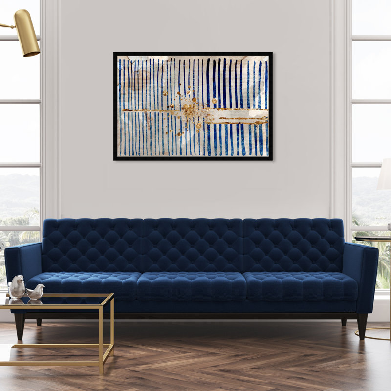 «Blue and Gold Abstract Lines» par Oliver Gal - reproduction imprimée, L 47 po x H 32 po, Noir