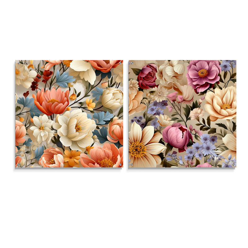 Bouquet printanier motif botanique I - ensemble de 2 art mural en acrylique sur verre floral, H 16 po x l 33 po