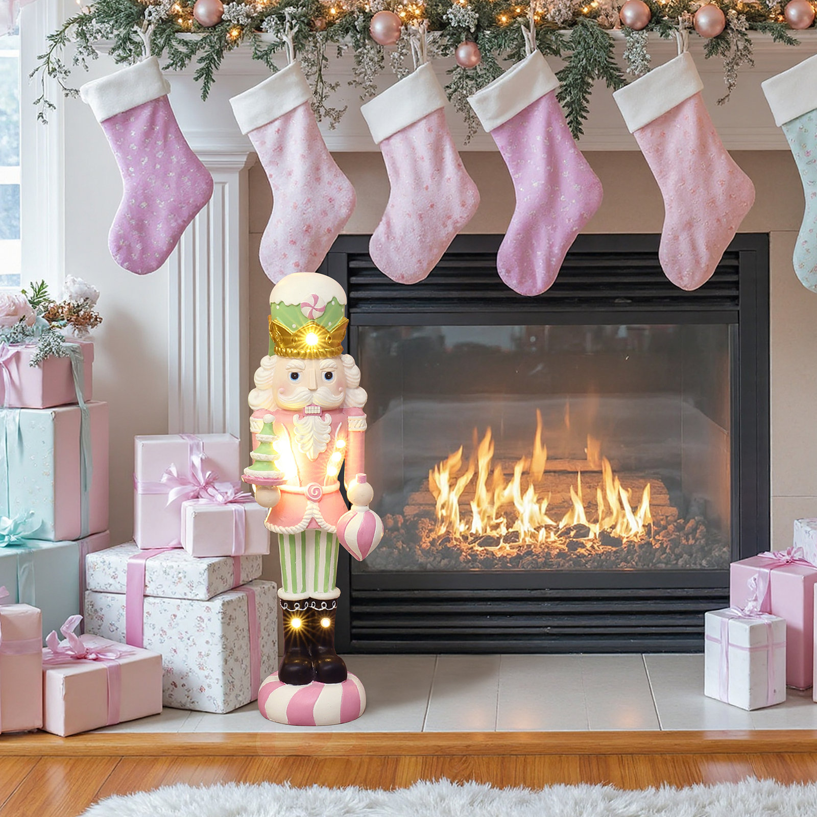 Lighted Nutcracker Pink Soldier with Candy Tree, Battery Operated Holiday Decoration, 24.02" H x 9.06" W x 7.87" D