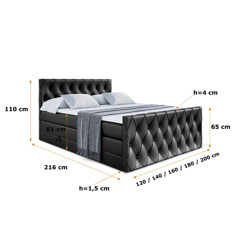 Rosene Pocket Spring Mattress Divan Bed Set, 140 x 200cm, Black