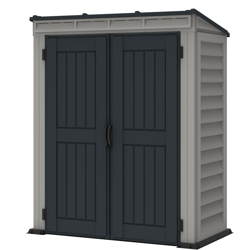 Gray Vinyl Lean-To Storage Shed with Shelving and Windows